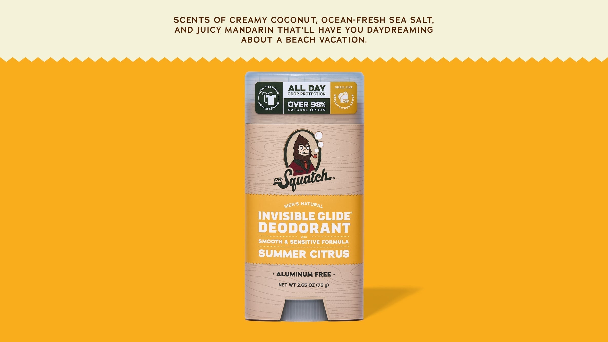 Brand and ingredient story panel for Dr. Squatch Summer Citrus Invisible Glide Deodorant