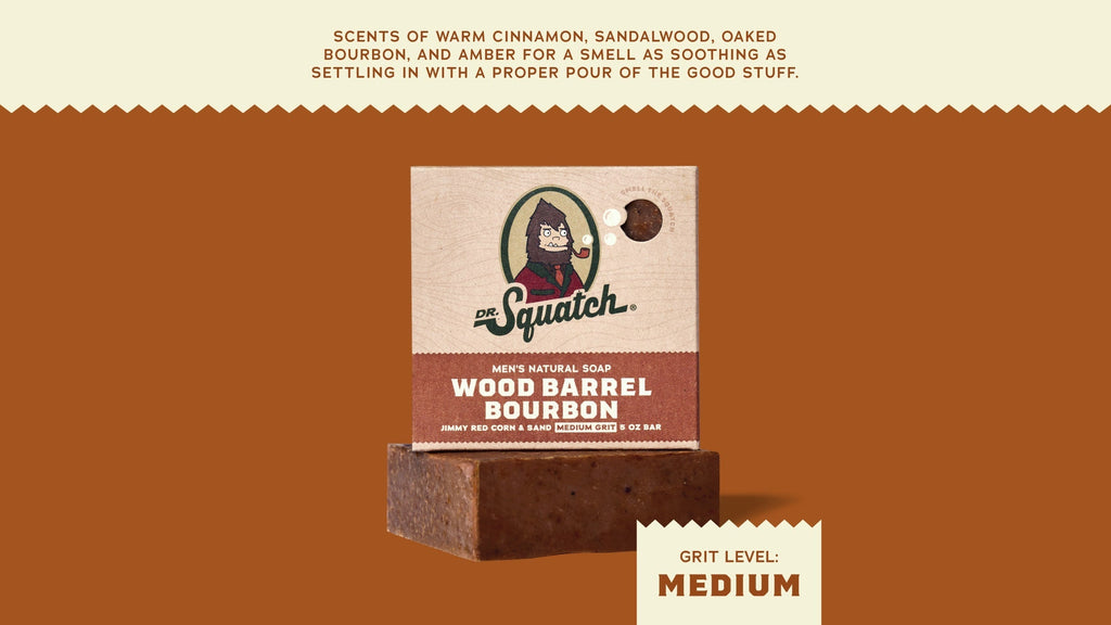 Brand and ingredient story panel for Dr. Squatch Wood Barrel Bourbon bar soap