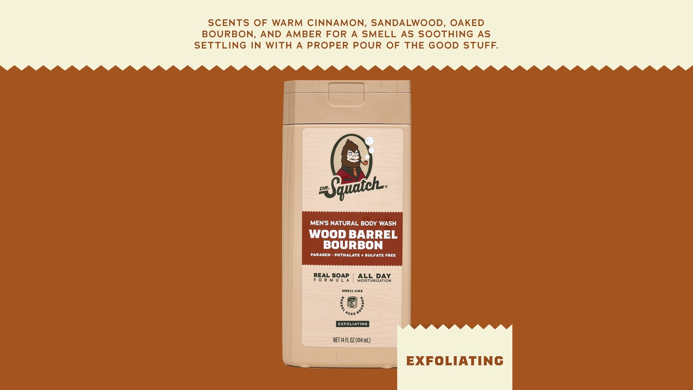 Dr. Squatch Wood Barrel Bourbon body wash bottle, 14 fl oz, tan and brown packaging with exfoliating label.