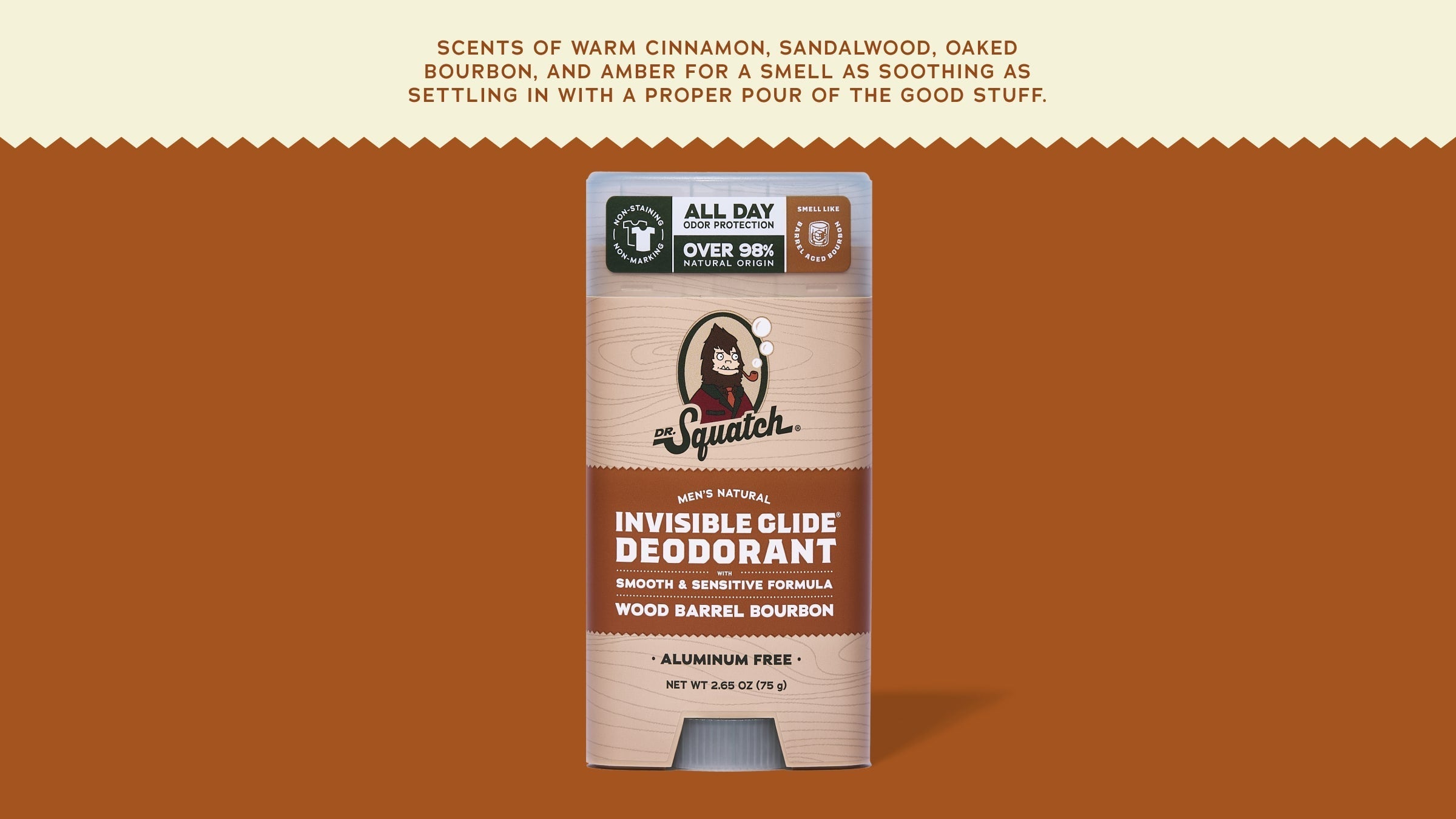 Brand and ingredient story panel for Dr. Squatch Wood Barrel Bourbon Invisible Glide Deodorant