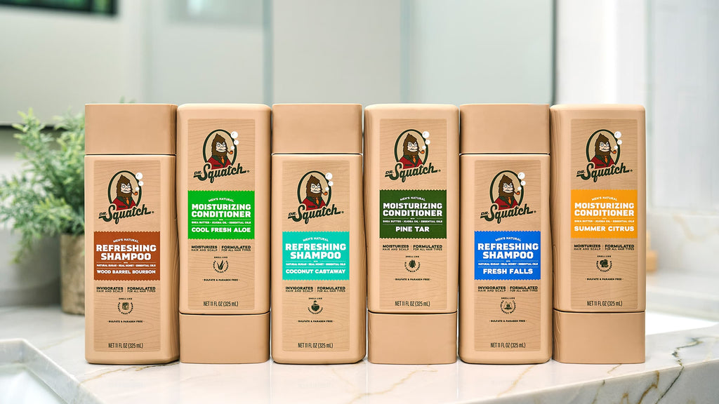 Lifestyle photo featuring Dr. Squatch Coconut Castaway Hair Care Kit
