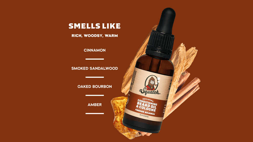A beard oil bottle with dropper cap displayed against warm brown background with wooden elements and amber crystals.