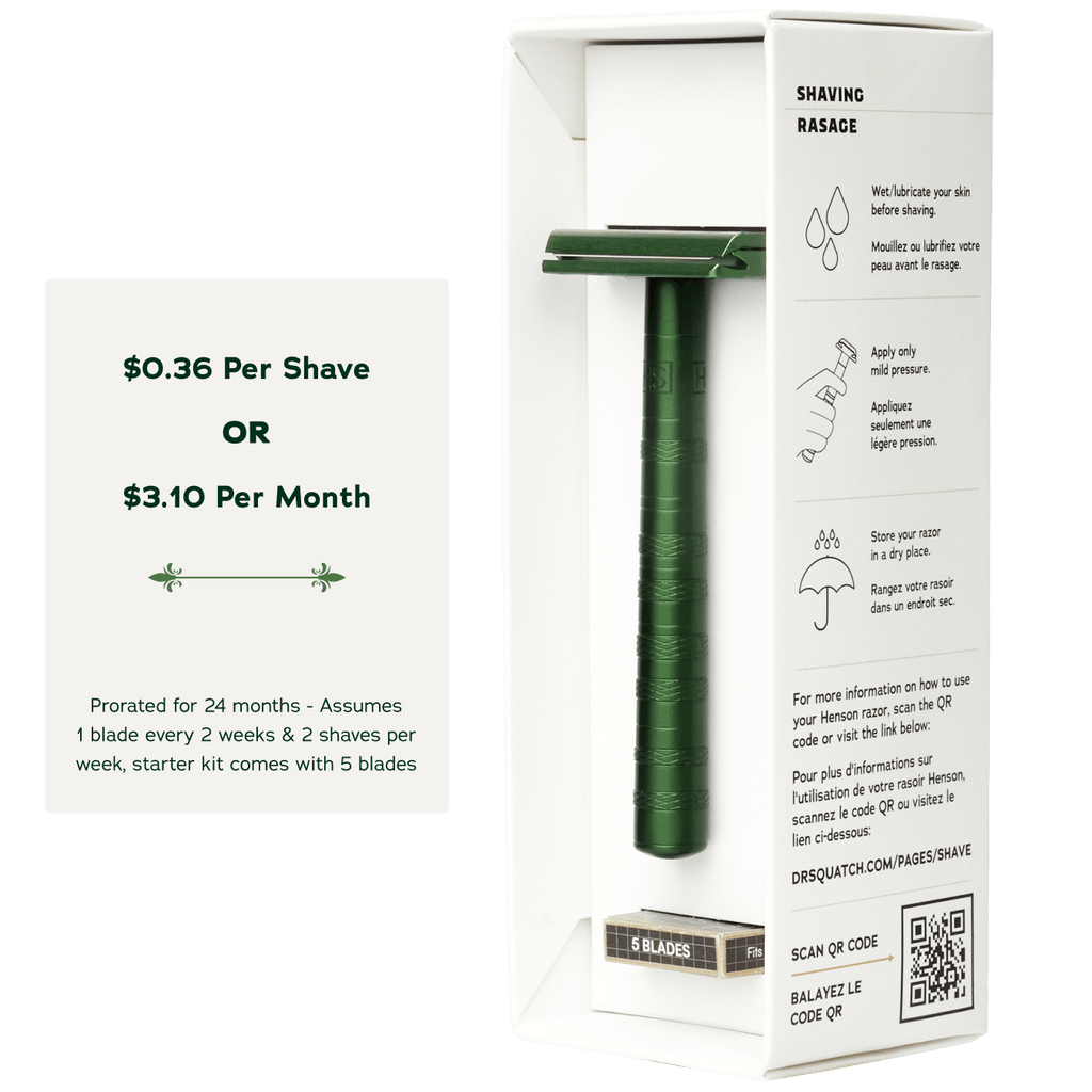 Promotional graphic for Dr. Squatch Safety Razor