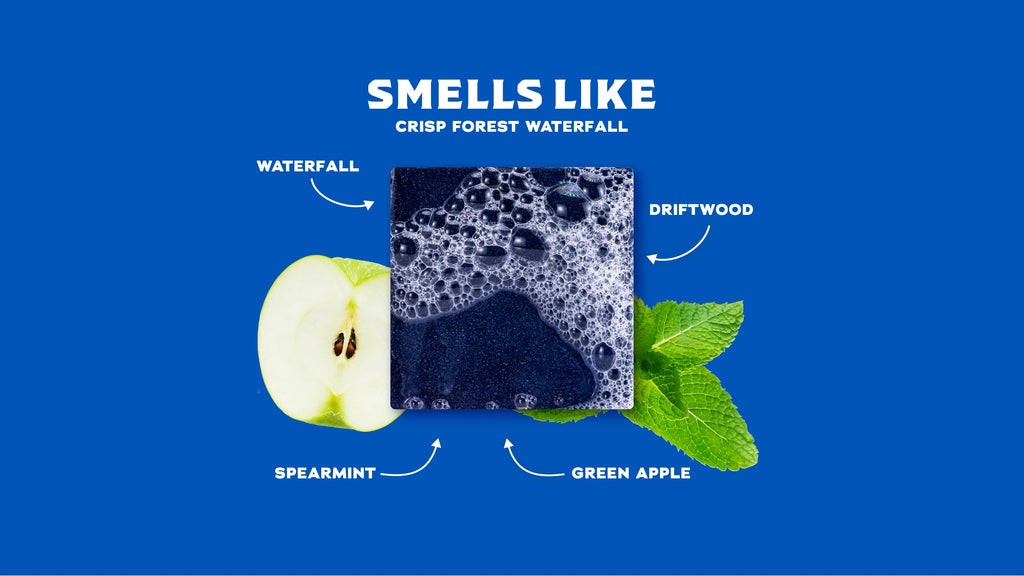 Soap bar showing scent notes: crisp forest waterfall, waterfall, driftwood, spearmint, and green apple with visual ingredients.