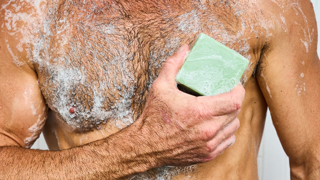 Dr. Squatch Green Tea Butter bar soap being used