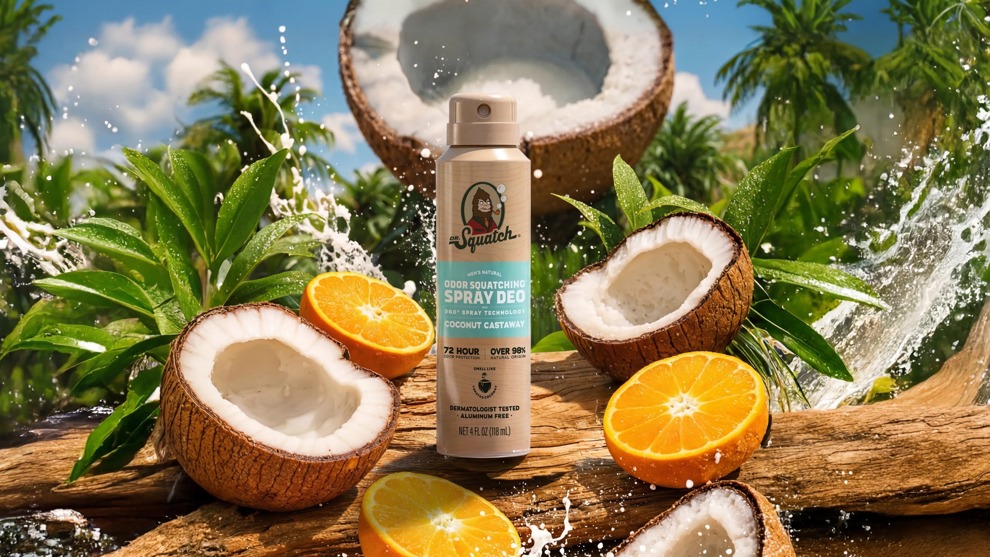 Dr. Squatch Coconut Castaway spray deodorant bottle surrounded by coconuts, oranges, and tropical foliage with water splashes.