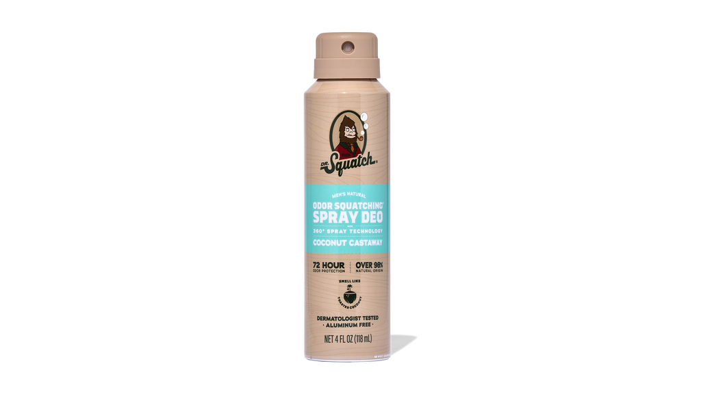 Dr. Squatch Coconut Castaway spray deodorant, 4 fl oz aerosol can with tan label and turquoise accent band.