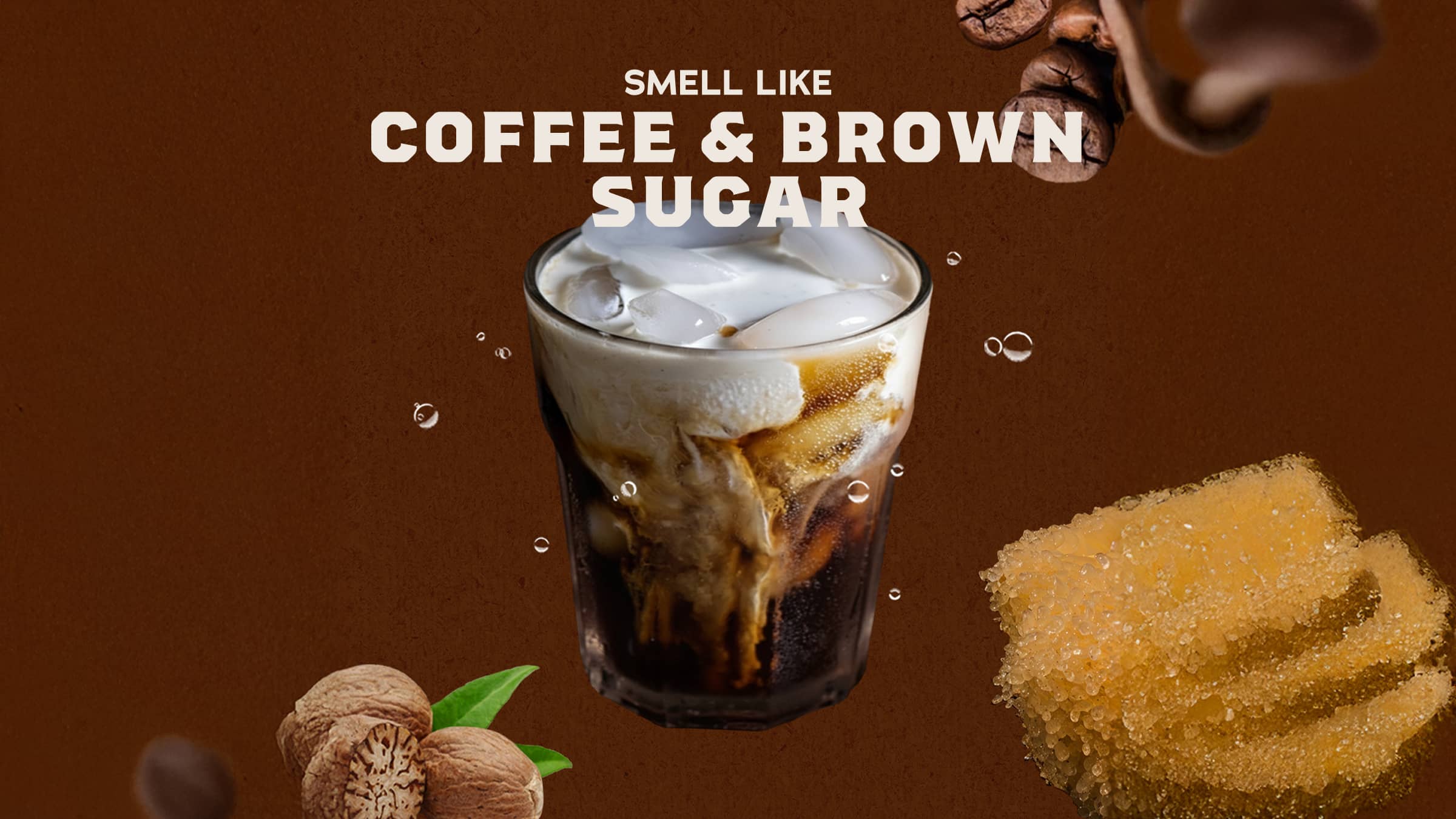 Coffee & Brown Sugar imagery representing the scent of Dr. Squatch Cold Brew Cleanse bar soap