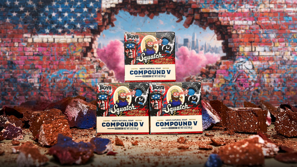 Lifestyle photo featuring Dr. Squatch Compound V 3-Pack gift set