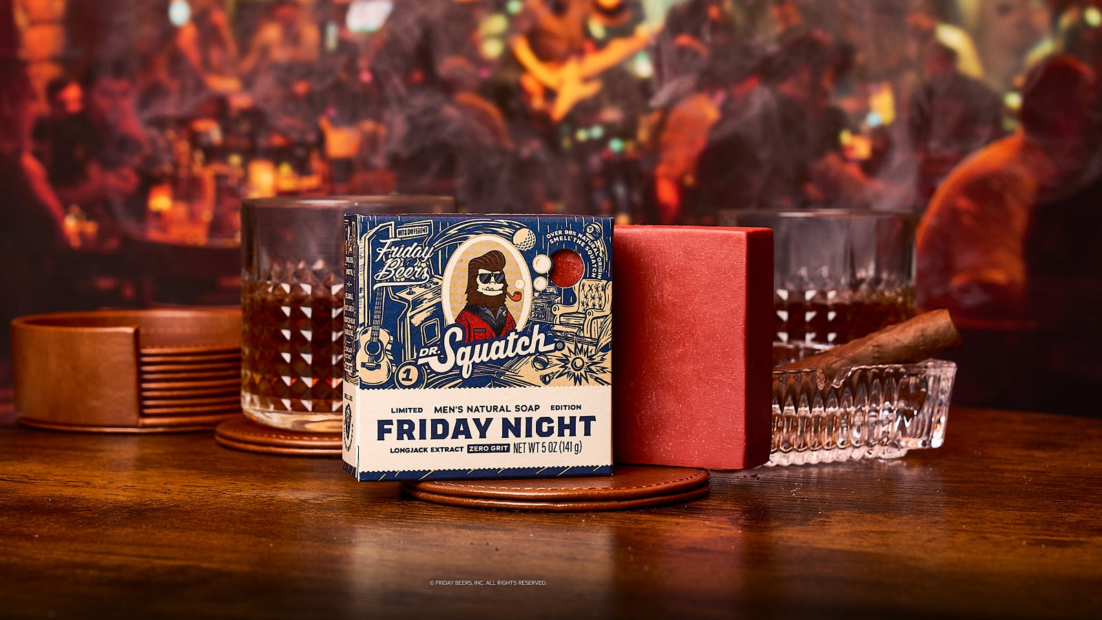 Lifestyle photo featuring Dr. Squatch Friday Night bar soap