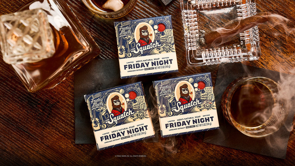 Lifestyle photo featuring Dr. Squatch Friday Night 3-Pack gift set