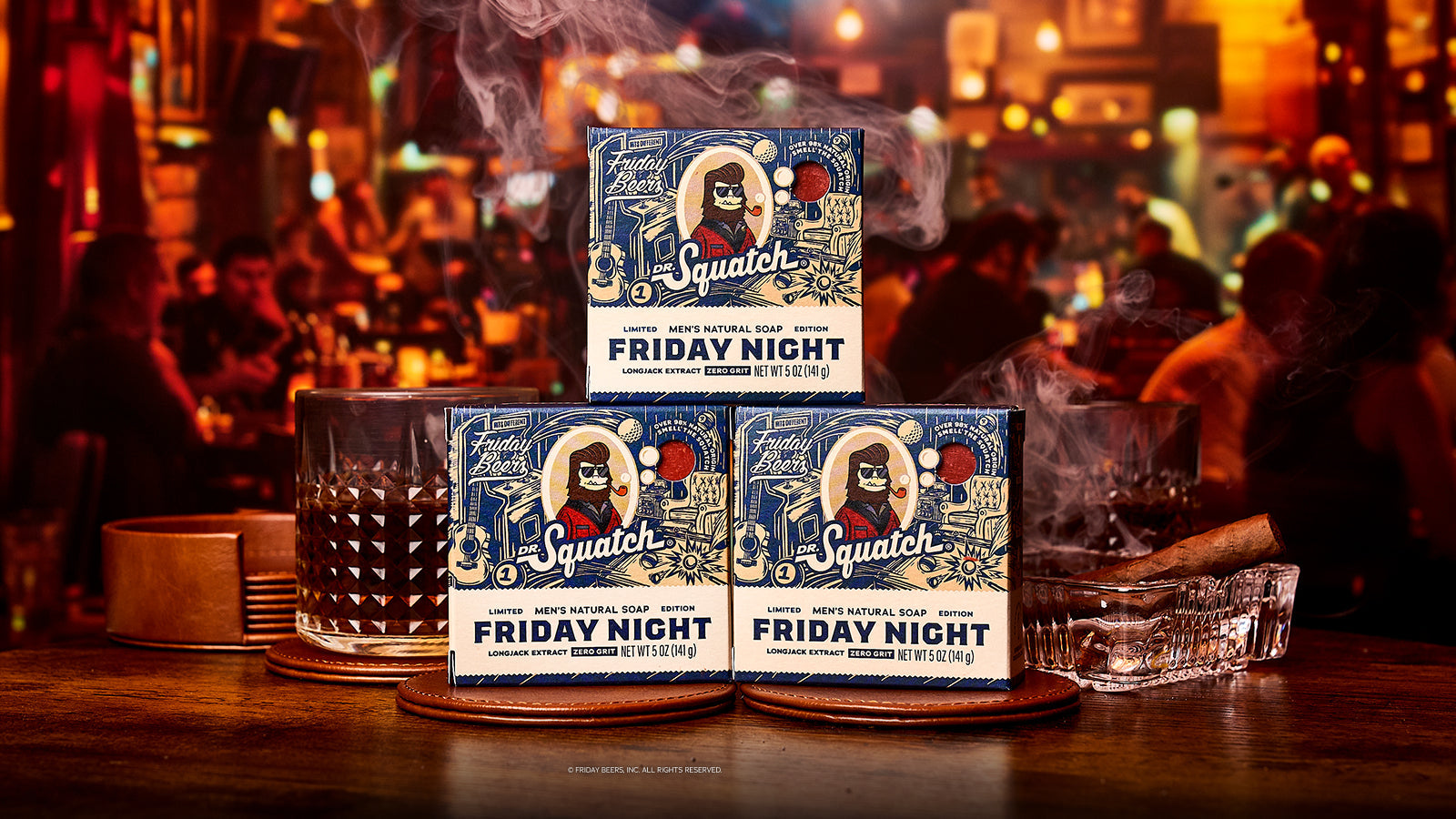 Lifestyle photo featuring Dr. Squatch Friday Night 3-Pack gift set
