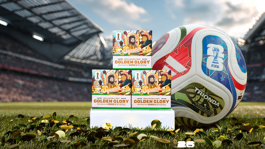 Lifestyle photo featuring Dr. Squatch Golden Glory Hat-Trick Pack gift set