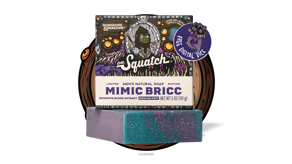 Dr. Squatch Mimic Bricc bar soap in purple and teal with packaging and digital dice against white background.