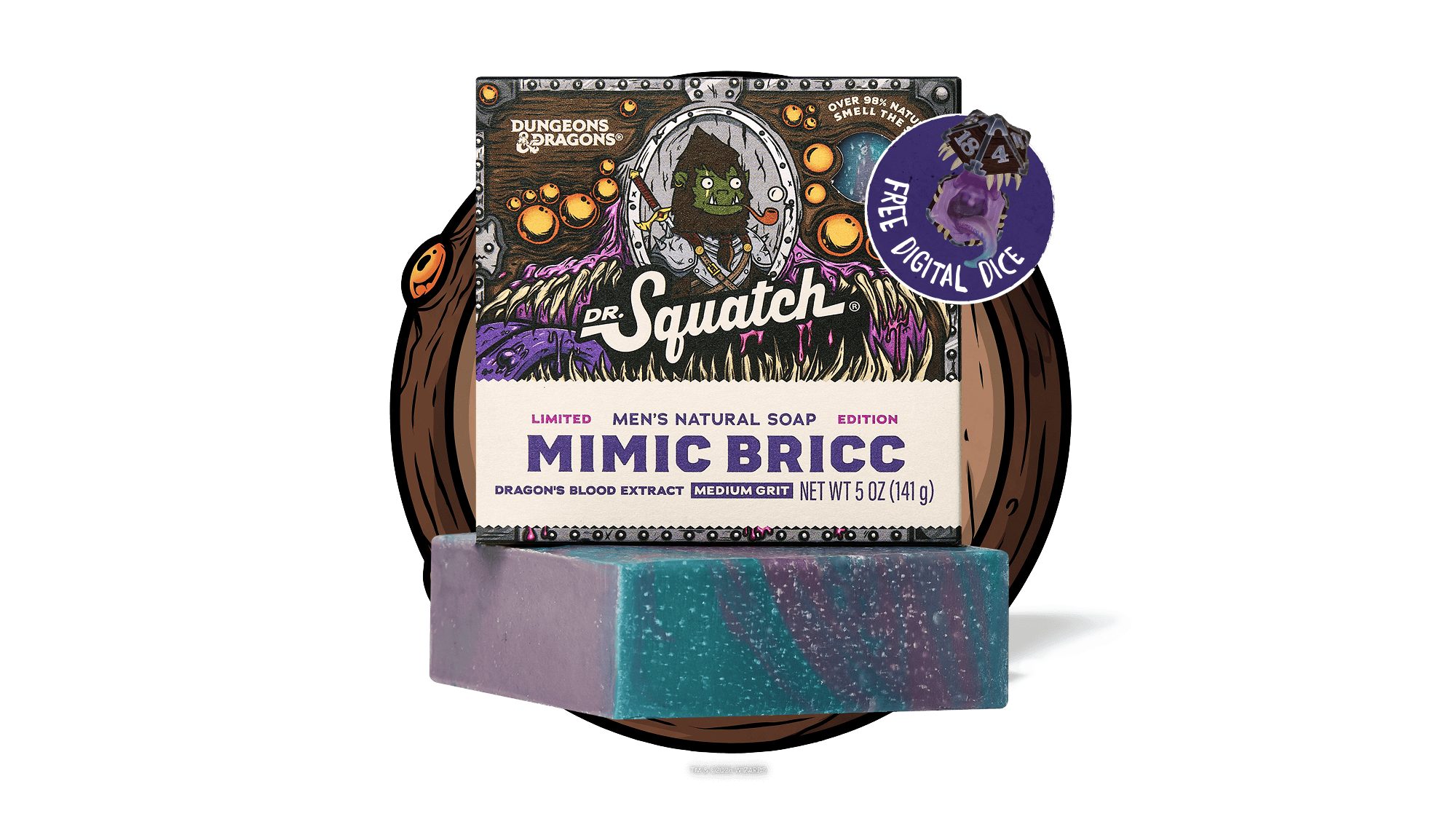 Dr. Squatch Mimic Bricc bar soap in purple and teal with packaging and digital dice against white background.