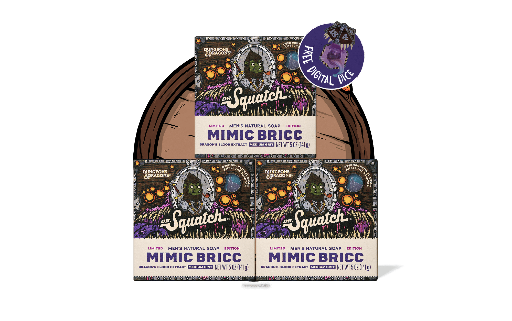 Dr. Squatch Mimic Bricc 3-pack soap bundle with purple Dungeons & Dragons branding and free digital dice offer sticker.