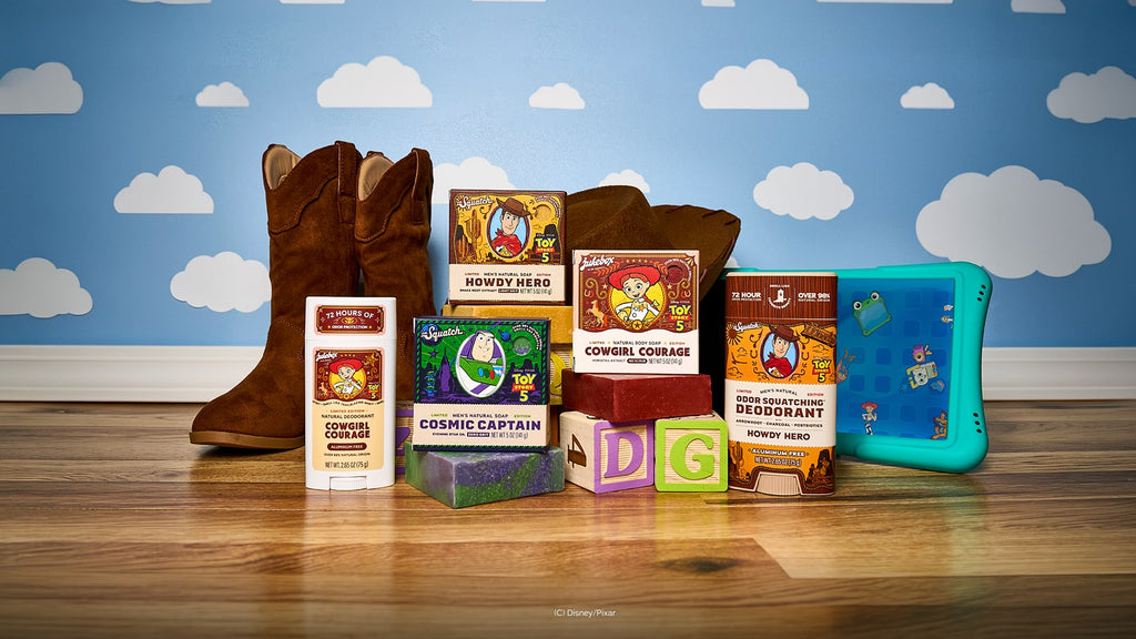 Lifestyle photo featuring Dr. Squatch Toy Story 5-Pack gift set