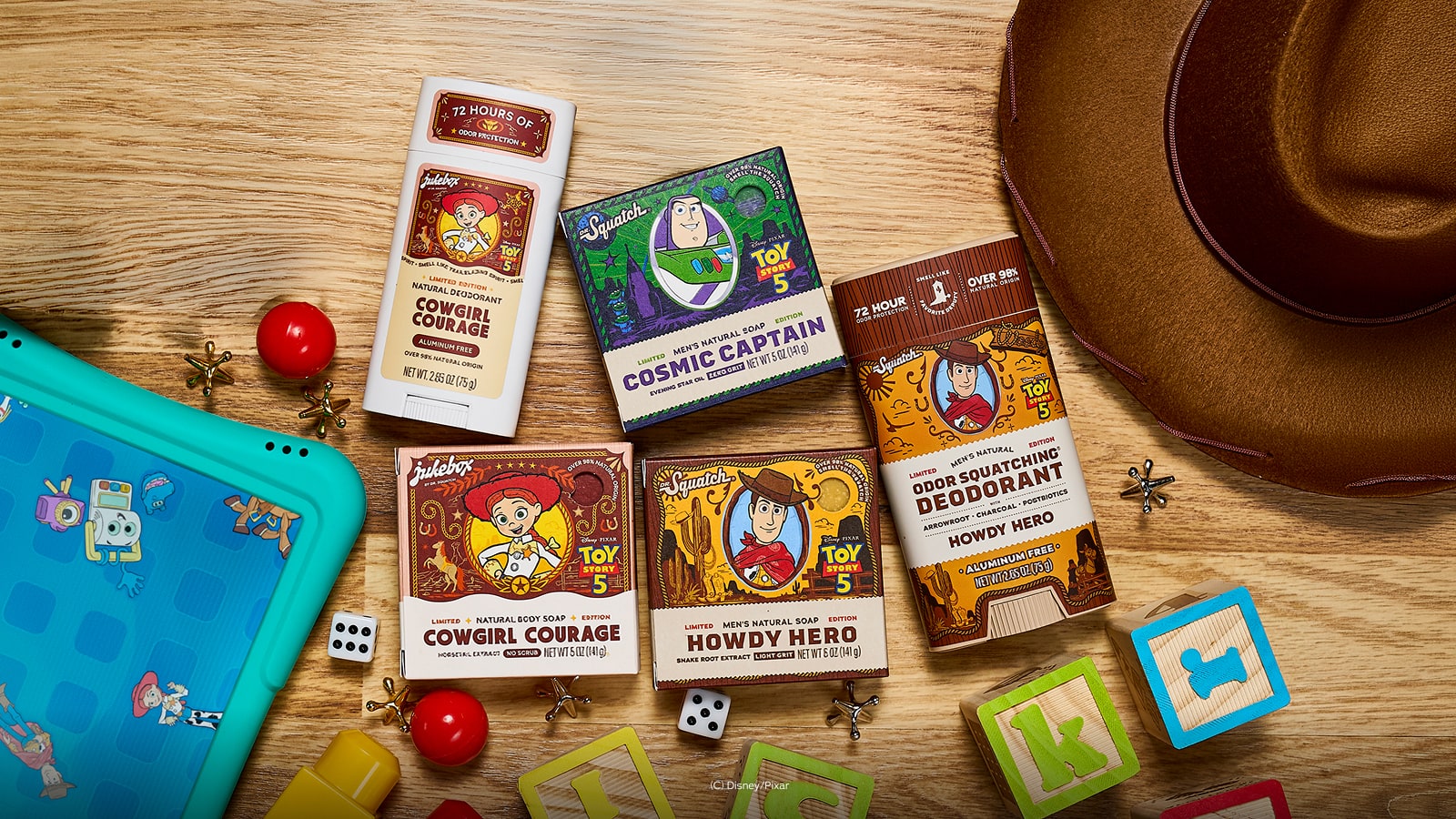 Lifestyle photo featuring Dr. Squatch Toy Story 5-Pack gift set