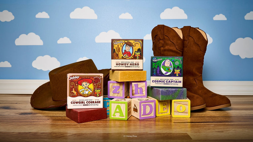 Lifestyle photo featuring Dr. Squatch Toy Story 5 Trio gift set