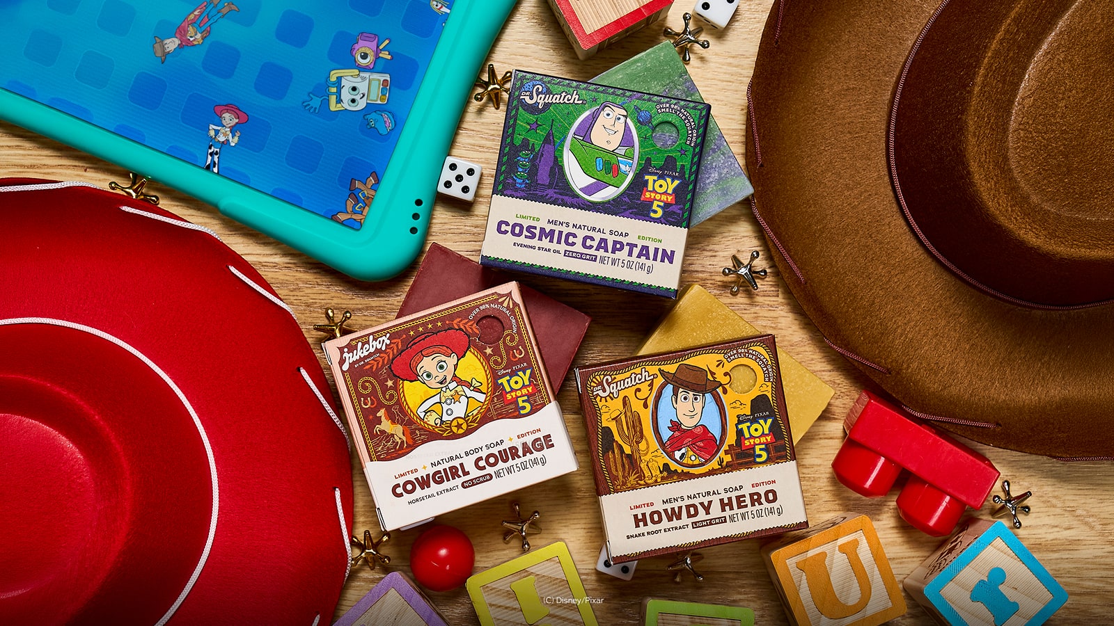 Lifestyle photo featuring Dr. Squatch Toy Story 5 Trio gift set