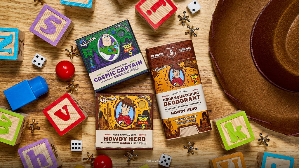 Lifestyle photo featuring Dr. Squatch Woody & Buzz Lightyear 3-Pack gift set