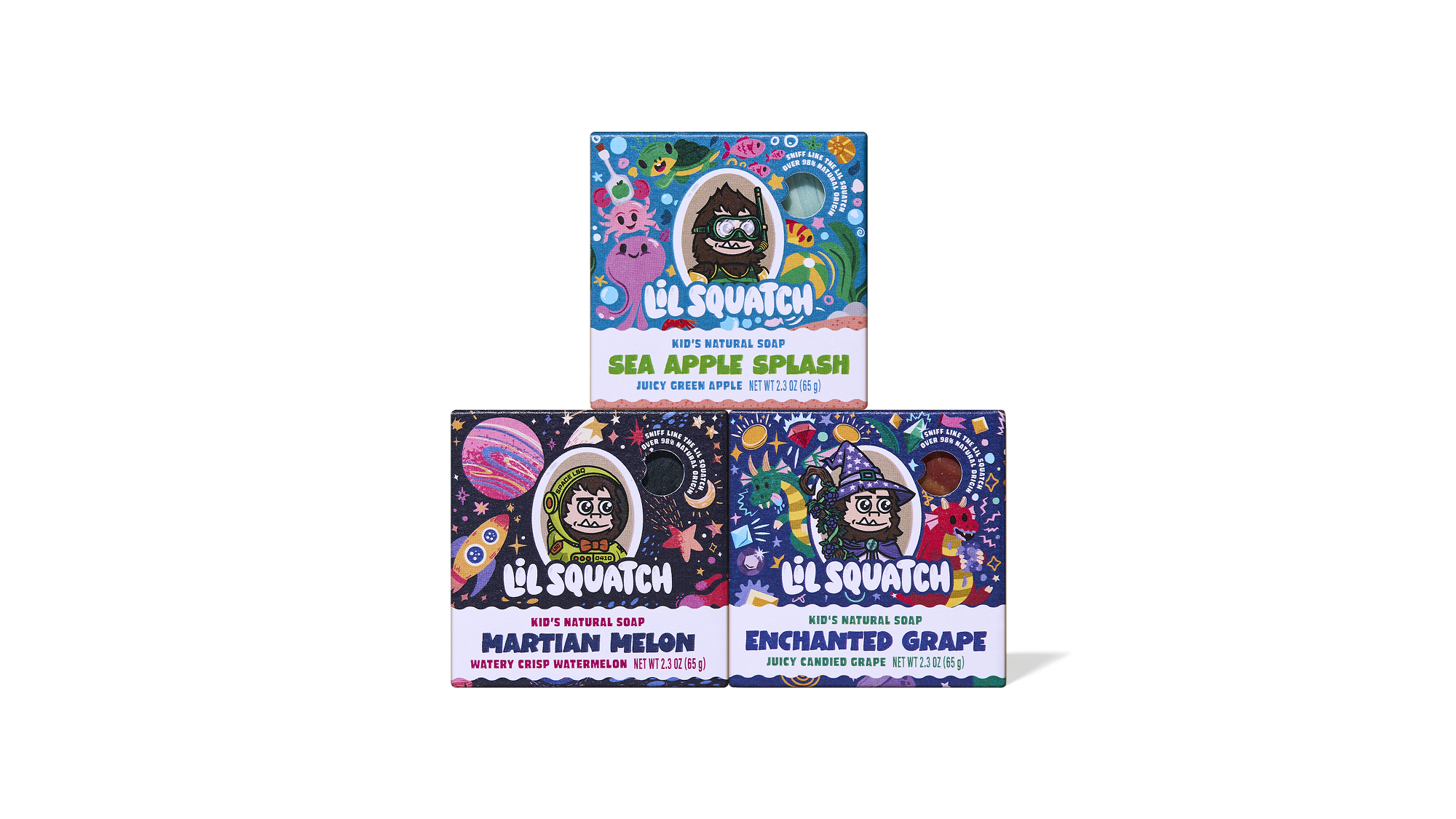 Three colorful Lil Squatch kid's natural soap bars stacked in a pyramid: Sea Apple Splash (top), Martian Melon and Enchanted Grape (bottom).