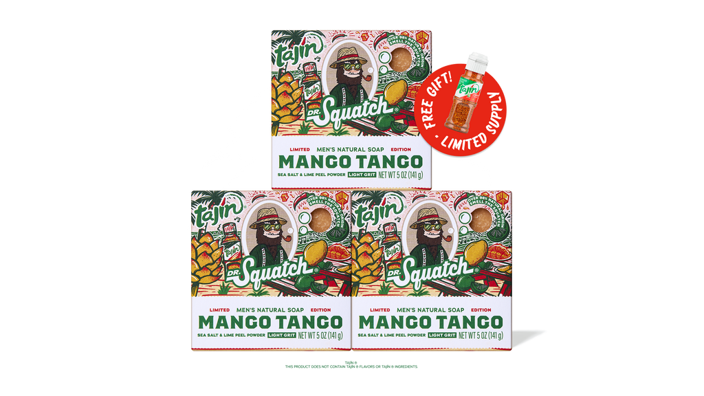 Three boxes of Dr. Squatch Mango Tango natural soap with a free Tajín Clásico seasoning included.