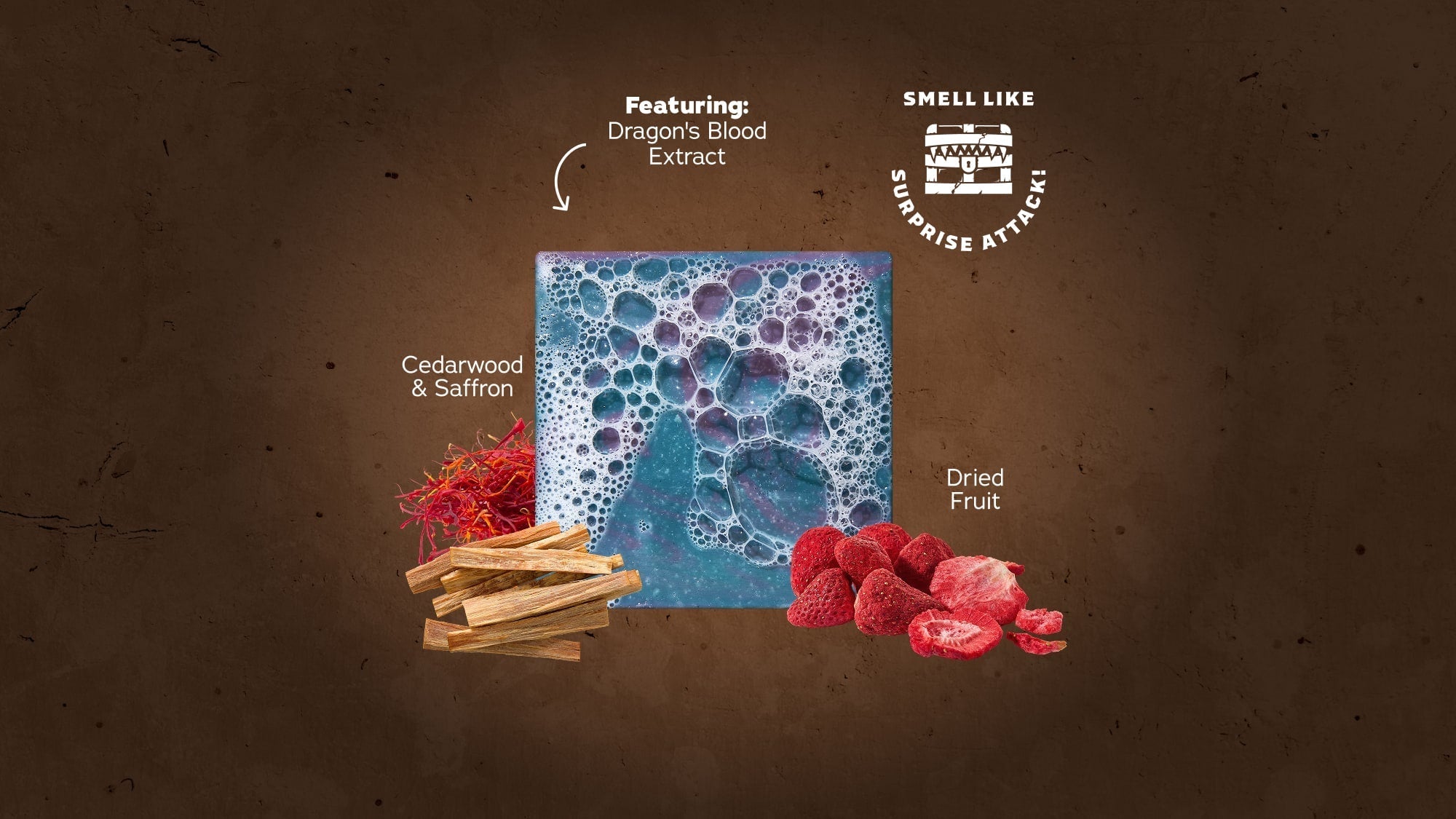 Mimic Bricc bar soap surrounded by ingredients: cedar wood sticks, saffron threads, dried raspberries, and blue textured soap with bubbles on brown background.